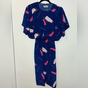 Vintage Navy Blue Abstract Print Dress with Pink & Cream Accents